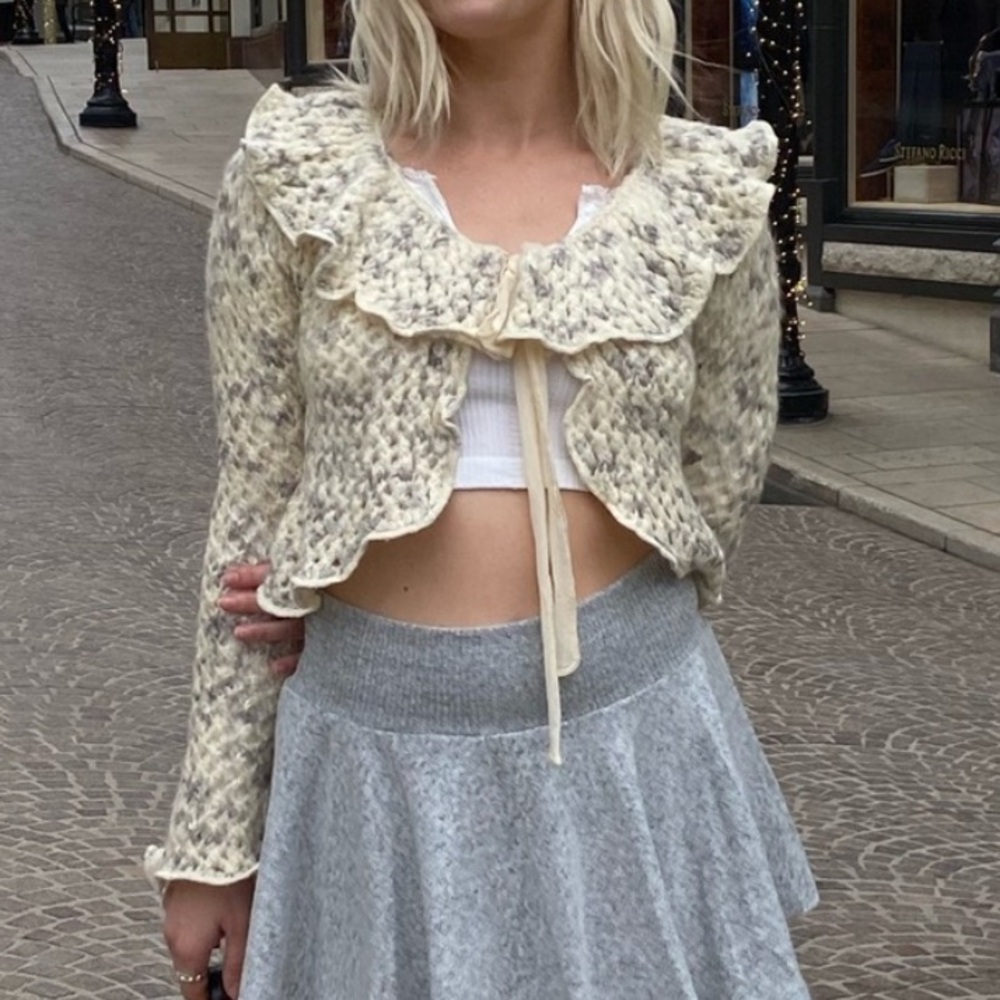 Cream and Gray Ruffled Cardigan and Skirt Set - Picture 1 of 6